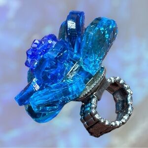 Blue/Silver Women's Stretchable Ring With Attached Blue Flower